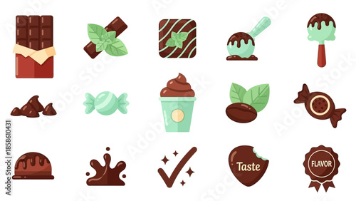 A vibrant collection of chocolate and mint-flavored food icons, including bars, candies, ice cream, coffee, and various related elements.