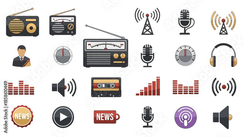 Collection of various flat design icons representing radio broadcasting, audio communication, and news media elements.