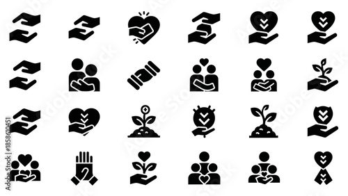 A comprehensive set of black glyph icons representing care, support, community, love, growth, and protection.