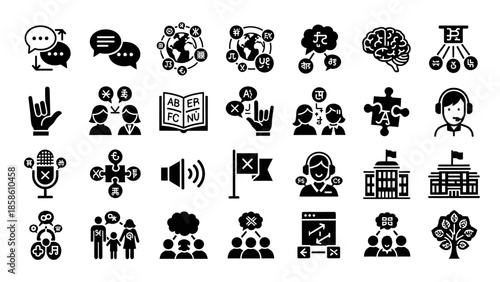 A comprehensive collection of black and white glyph icons representing communication, education, social networking, learning, and global collaboration concepts.