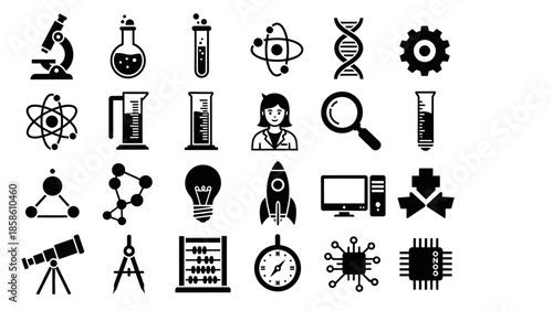 A comprehensive collection of black and white vector icons representing various scientific, technological, and educational concepts and tools.
