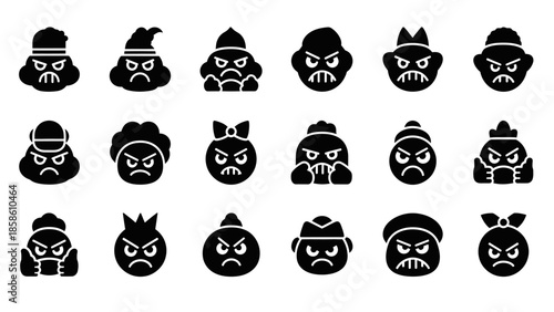 A collection of 18 black silhouette icons depicting various angry and grumpy faces with different headwear and expressions.