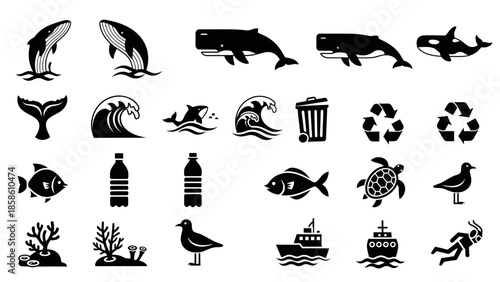 Black and white icon set depicting marine life, ocean environment, pollution, and conservation themes including whales, fish, plastic, and recycling symbols.