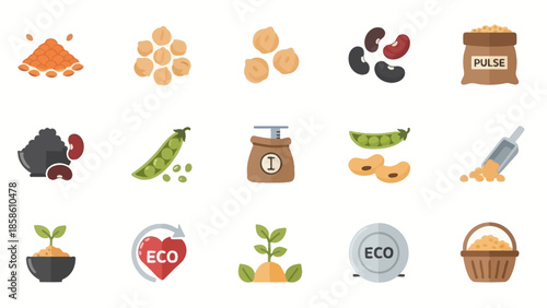 A collection of flat design icons representing various pulses, legumes, sprouts, and eco-friendly food concepts.