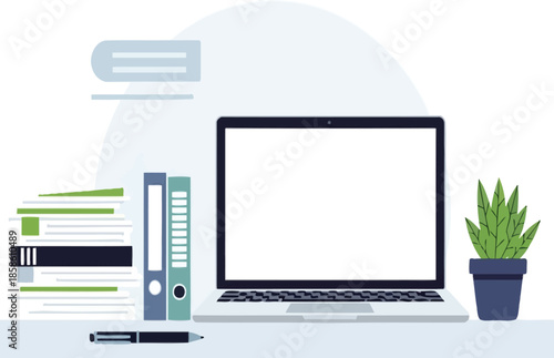 Modern Minimalist Laptop Workspace with Office Folders and Potted Plant