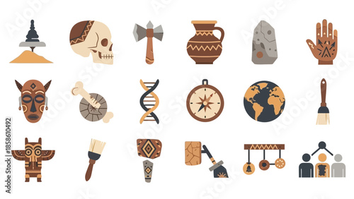 A comprehensive set of flat icons representing archaeology, anthropology, and historical research tools and ancient artifacts.