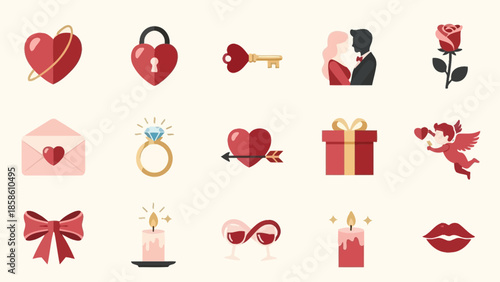 A collection of flat design vector icons representing love, romance, and Valentine's Day symbols.