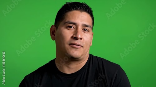 Man with short dark hair wearing a black t-shirt against a green screen background.