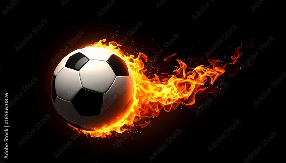 Naklejka premium Realistic soccer ball engulfed in fire and sparks on a black background, artistic representation of professional athletic power
