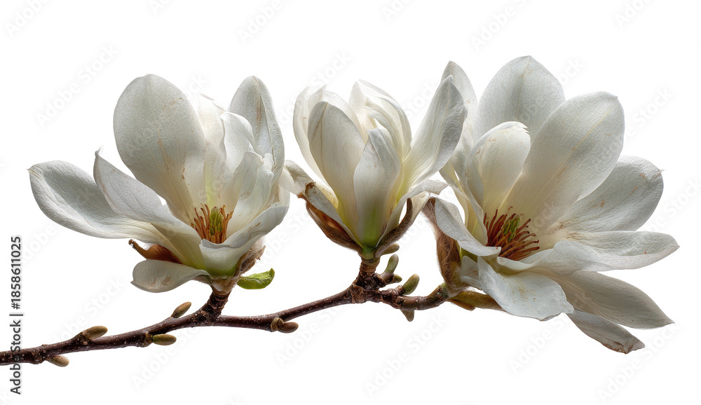 Fototapeta premium Close-up of three delicate magnolia blossoms on a branch