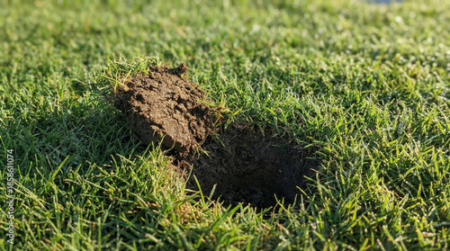tennessine. Fresh divot mark on golf course turf with upturned grass and morning dew. real-estate listings, architecture portfolios, designed for interior renovation comparisons for interiors.