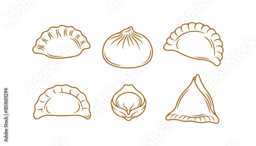 Different types of dumplings in a vector set, outlined sketches, black line illustrations on a white backdrop

