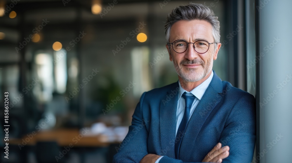 Fototapeta premium Portrait of a confident, mature businessman wearing glasses and a blue suit, standing with arms crossed in a modern office environment. Warm lighting and blurred background create a professional atmos