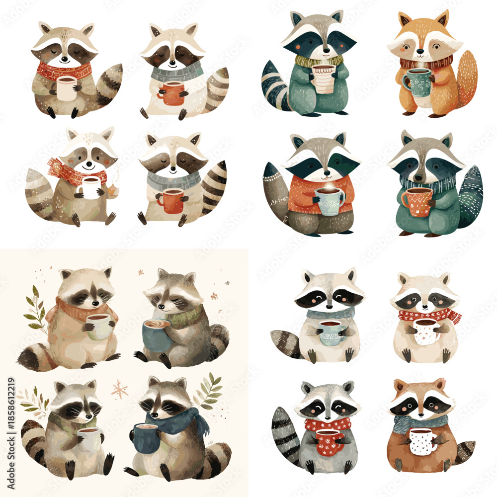 Fototapeta premium Cute watercolor raccoon characters in various poses and expressions, hand painted woodland animals isolated on white background, perfect for kids design, nursery art, stickers, and storybooks