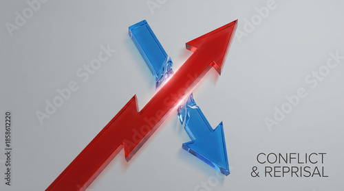 reprisal. A sharp red arrow deflecting a blue arrow on a neutral background. event key visuals, club posters, designed for fitness apps and gym onboarding.