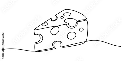 Сheese continuous one line drawing, Сheese in continuous line art drawing style. Wheel of cheese with holes and a piece cut from it. Minimalist black linear sketch isolated on white background. Vector