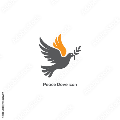 Peace dove icon with olive branch, minimalist bird symbol representing harmony, hope, freedom, truce, spirituality and anti war message

