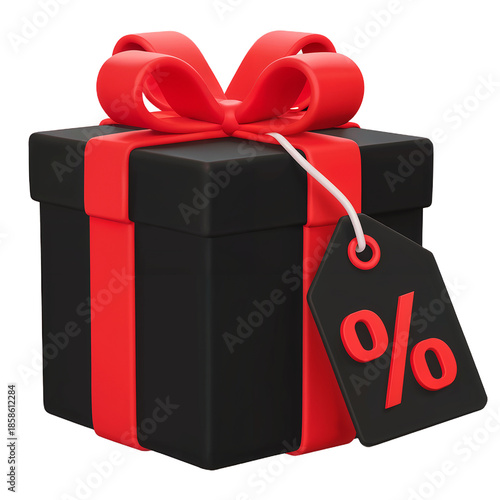 Black gift box with red ribbon and percentage tag