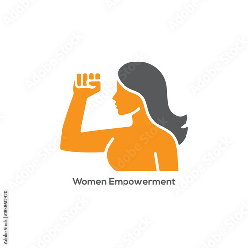 Women empowerment icon with strong female silhouette raising fist, feminist power symbol for equality, strength, independence and activism design

