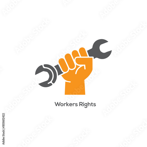Workers rights fist holding wrench icon, labor union protest symbol for fair wages, industry, solidarity and employment justice design

