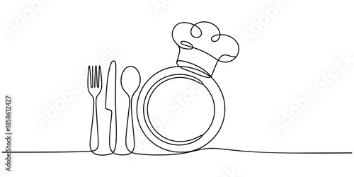 Fork, knife, spoon with plate and chef's cap continuous one line drawing, One single line drawing of chef hat or cap with fork and spoon for restaurant vector graphic illustration. 