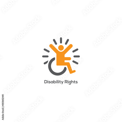 Disability rights wheelchair icon with happy person, inclusive access symbol for accessibility, empowerment, equality, health care advocacy design concept

