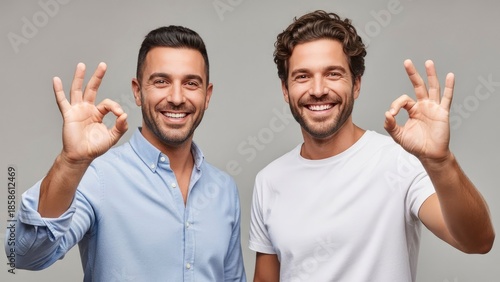 Two men giving okay sign looking at camera