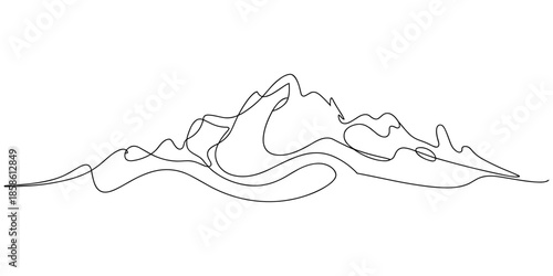 One continuous line drawing of mountain range landscape. Web banner with mounts in simple linear style. Adventure winter sports concept isolated on white background. Doodle vector illustration