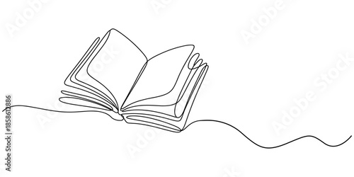 One line drawing of opened book isolated on white background, Continuous one line drawing of opened book. Book outline vector illustration. Editable stroke, Education, idea, school concept single.