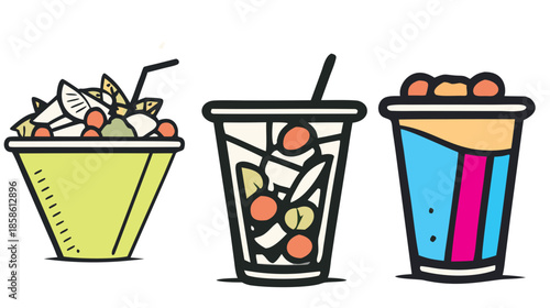 Paper bag with drink and ice cream in a glass isolated on white background