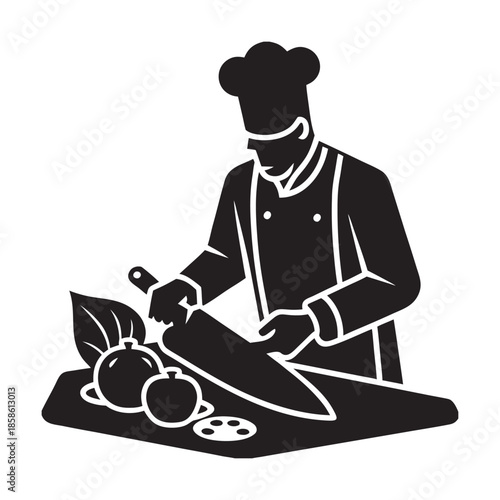 Chef Chopping Vegetables On Wooden Board