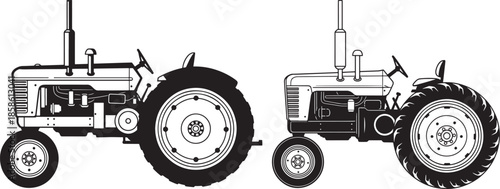 Two vintage tractors outline drawing isolated on white background