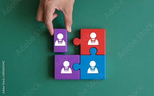 Hand placing puzzle pieces with people icons on green background