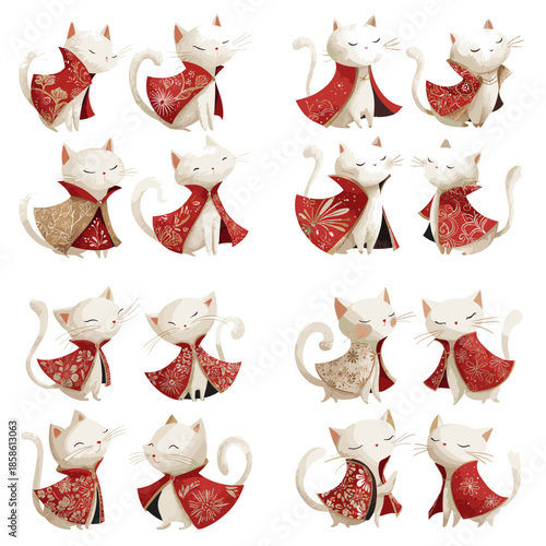 Elegant cat characters wearing traditional festive outfits illustrated in a decorative cartoon style. Ideal for holiday designs cultural themes kids graphics and charming animal art.