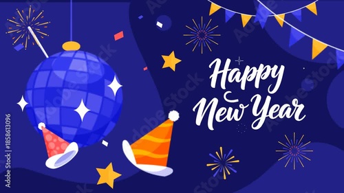 Animated Happy New Year text with Star, Fireworks, Hat , Ribbon, and Mirror Ball Background, Happy New Year Animation