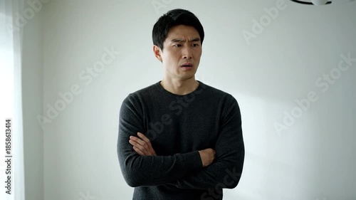 Young Asian Man with Arms Crossed Looking Thoughtful and Concerned.