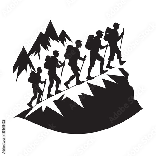 Group Hiking Along Mountain Ridge Silhouette