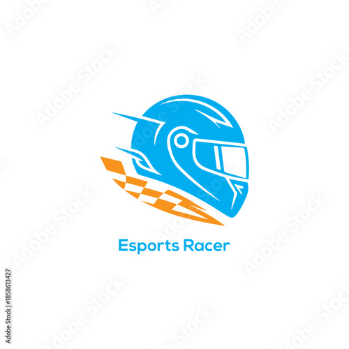 Esports racing helmet logo with digital speed effect and checkered flag, modern gaming driver icon isolated on white background

