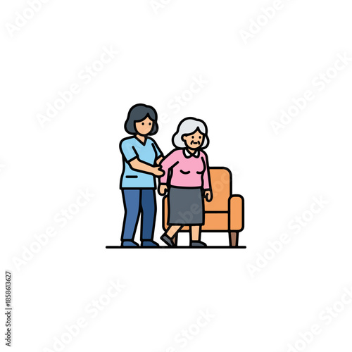 Caregiver assisting elderly woman with support.