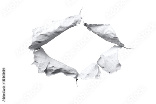 A clean, white, torn paper hole, creating a diamond-shaped, empty center against a black background. The paper's edges are slightly crinkled