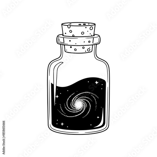 Glass potion bottle containing swirling galaxy inside.