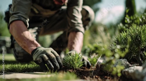 Planting small pine tree in garden with gloves on hands