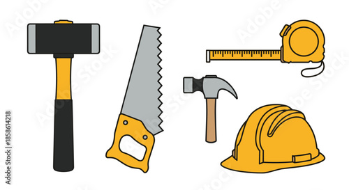 A basic set of yellow and black construction tools including a hammer saw tape measure and a hard hat for building projects.