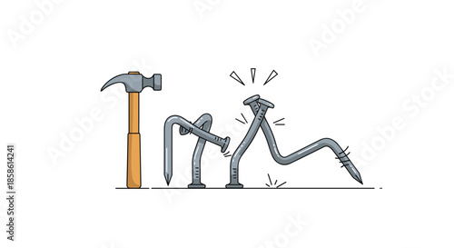 A humorous cartoon illustration of a hammer looking at several bent and crooked nails that it failed to drive in straight.