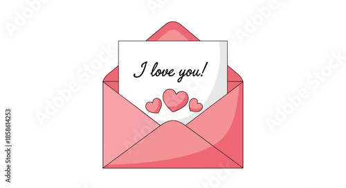A cute pink envelope is open to reveal a love letter that says I love you with three hearts for Valentine's Day.