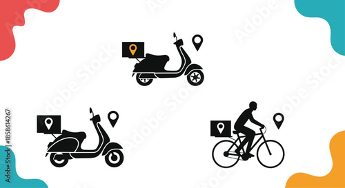 A set of black silhouette icons representing food delivery services by scooter and bicycle with location pin markers for tracking.