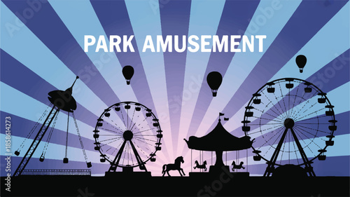 A stylized silhouette illustration of an amusement park at dusk