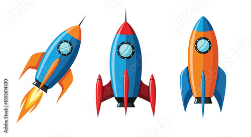 Set of three stylized cartoon space rockets with one launching at an angle isolated on a plain white background for design.