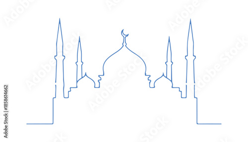 Minimalist design featuring line art of a mosque. Background with Islamic ornamentation.