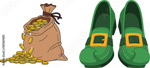 Bag of gold coins beside green shoes isolated on white background, Vector, illustration